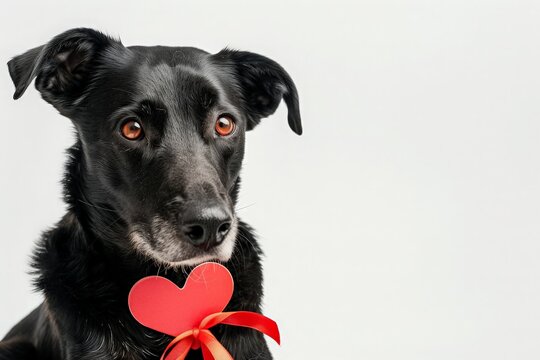 Cute black puppy with heart-shaped collar, symbol of blood donation isolated on white background. Idea of emergency aid for animals, veterinary clinic, treatment of dogs and cats, blood transfusion.