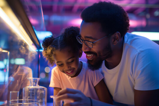 Father and his daughter are enjoying their time at the museum, looking at the science experiments behind the glass