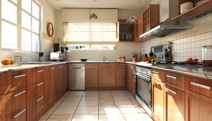 Fototapeta premium Neutral Color Palette: Classic kitchens often use neutral colors such as whites, creams, beige, and soft pastels, creating a calm and inviting atmosphere