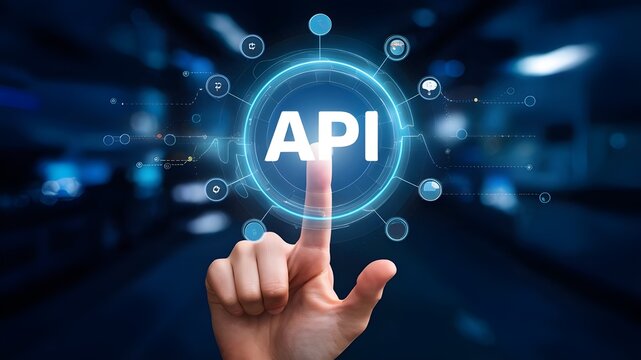 API: a finger touch a hologram virtual interface that hologram of API,API integration, API development, JSON, API documentation, 