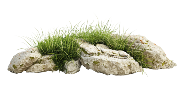 Grass fields meadow with rocks on transparent png background.

