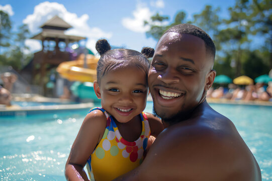 Father and his daughter are enjoying a sunny day at a water park, creating cherished memories together