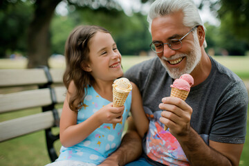 Fototapeta premium Little girl and her grandfather are sitting on a park bench, enjoying ice cream cones together on a sunny day