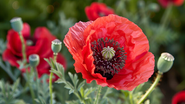 poppy a herbaceous plant with showy flowers, milky sap, and rounded seed capsules,drugs such as morphine and codeine, Close up of red poppy blossom
