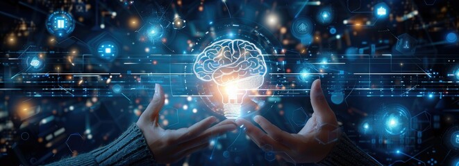 Fototapeta premium Digital Brain Innovation Concept with Light Bulb and Hands