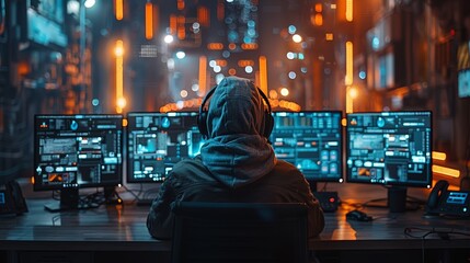 A hooded figure sits at a desk with multiple monitors, facing a wall of bright, glowing lights, suggesting a futuristic or technological setting.
