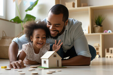 Fototapeta premium Father and daughter are having fun on the floor of a playroom, playing with a toy house and smiling