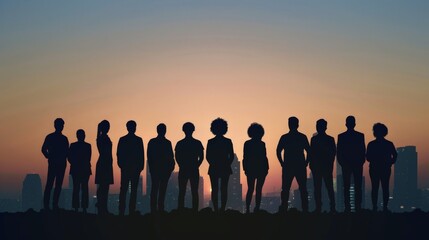 A group of people are standing on a hill overlooking a city at sunset. The silhouettes of the people create a sense of unity and togetherness