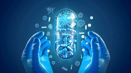 Healthcare innovation: hands in gloves holding futuristic capsule with pills and digital icons