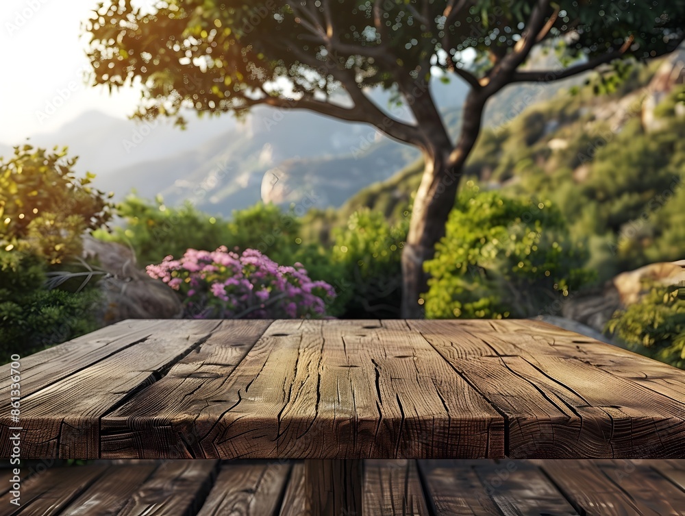 Poster Blank Wooden Table with Lush Nature Backdrop for Outdoor Product Mockups