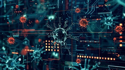Obraz premium Abstract digital representation of a virus spreading on a circuit board background.