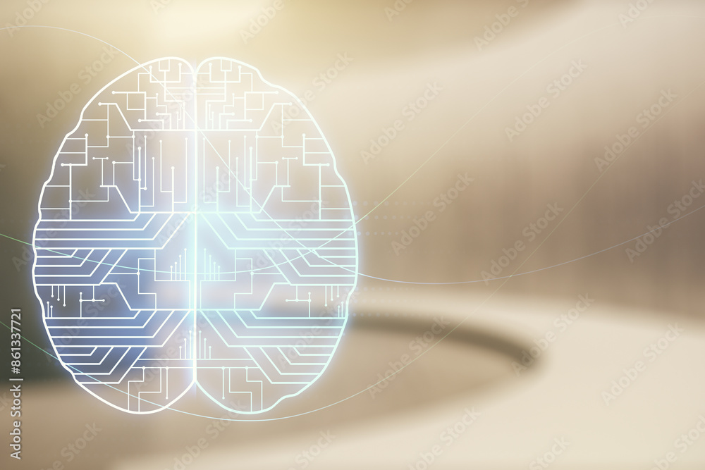 Poster virtual creative artificial intelligence hologram with human brain sketch on empty corporate office 