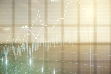 Double exposure of abstract creative financial chart hologram on empty modern office background, research and strategy concept