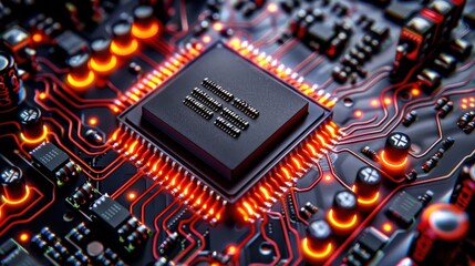 Close-up of a glowing microchip on a printed circuit board, highlighting intricate details of modern technology and electronics.