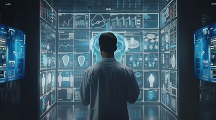 Scientist analyzing complex data on multiple futuristic screens in a high-tech lab setting.