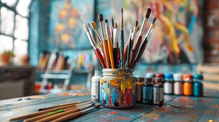 Fototapeta premium A colorful array of paintbrushes in a jar, with paint tubes and a palette knife on a wooden table in an artist's studio.