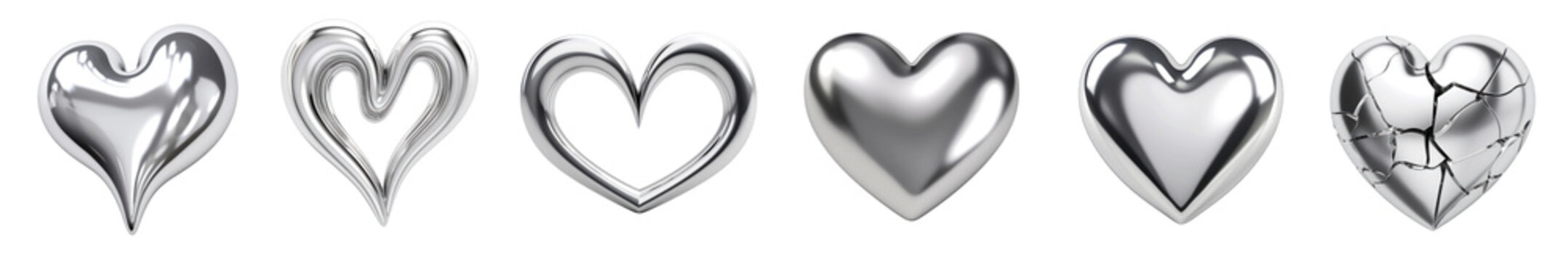 Heart silver metallic shape png cut out element set