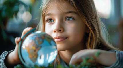 Fototapeta premium The image features a serene young girl with light brown hair holding a globe, surrounded by indoor plants. Her calm expression reflects a sense of wonder and curiosity.