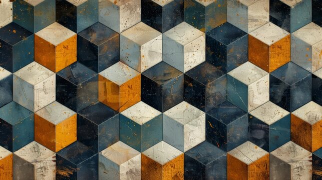 Abstract geometric pattern with blue, orange, and white cubes on a textured background.