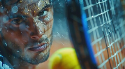 Intense focus of a tennis player during a match under the rain, with a close up of the face and racket.