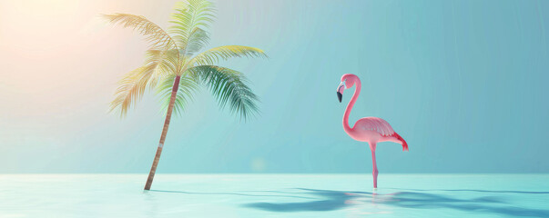 Summer Flamingo and Palm Tree on Blue
