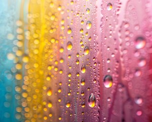 Fototapeta premium Captivating Droplets of Iridescent Oil Reflecting Rainbow Hues on Metallic Surface