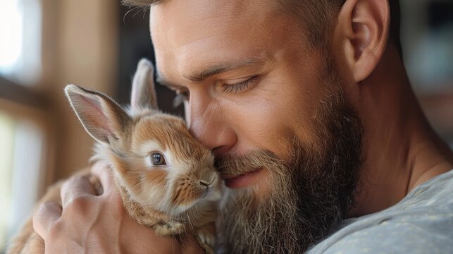 A bearded man with an earring tenderly cuddles a fluffy bunny close to his chest, set indoors with natural light creating a warm and intimate atmosphere.