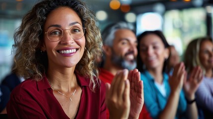 A woman with glasses and a joyful expression is seen clapping at an event surrounded by other people, capturing the essence of shared happiness and accomplishment.
