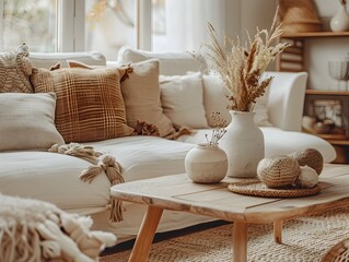 Cozy Living Room Setup with Blank Coffee Table for Home Decor Product Mockups and Copy Space