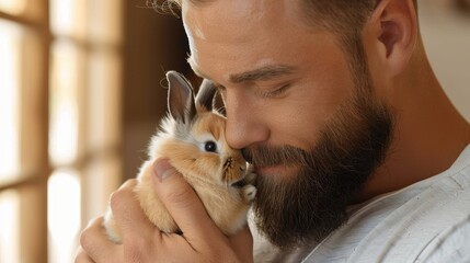A close-up image of a bearded man lovingly holding a cute and fluffy bunny, showcasing a strong bond and heartwarming affection between them in a peaceful setting.