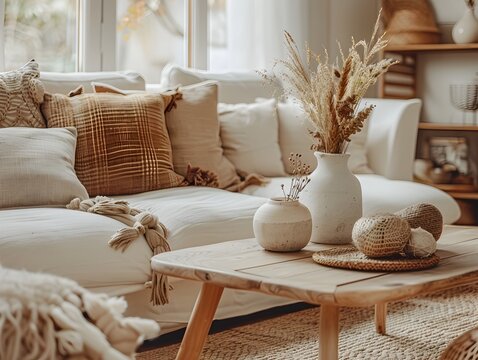 Cozy Living Room Setup with Blank Coffee Table for Home Decor Product Mockups and Copy Space