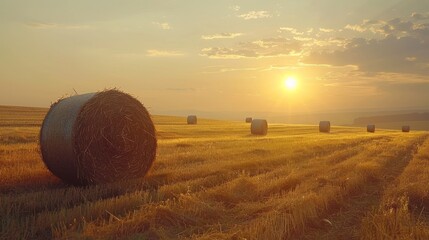 Warm and inviting atmosphere of hay bales in a field during dusk
