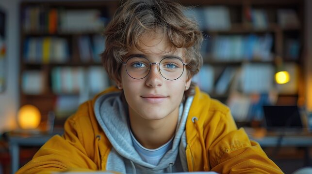 A teenager with glasses and casual clothes sits in a modern library with shelves of books in the background, reflecting a focused and academic environment.