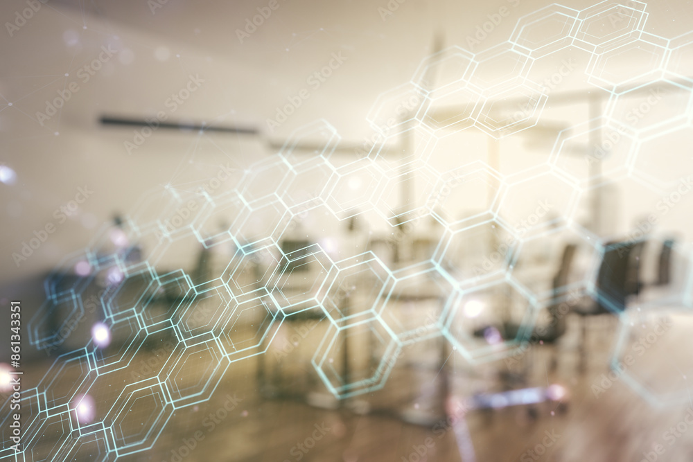 Aufkleber double exposure of abstract virtual technology hologram with hexagon on modern corporate office back