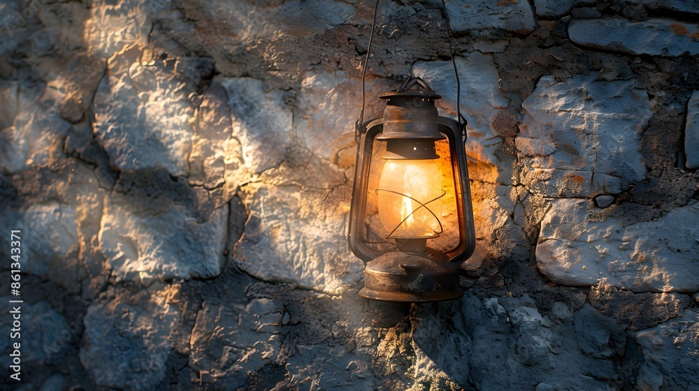 Sticker flickering flame of ancient oil lamp casting shadows on stone wall cozy and atmospheric vintage ligh