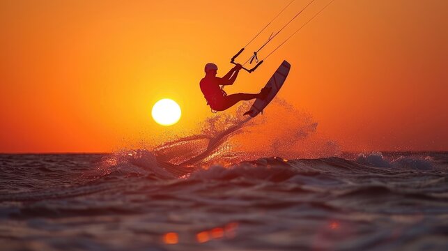 Silhouette of a kitesurfer performing a jump over the waves during a breathtaking sunset over the sea.