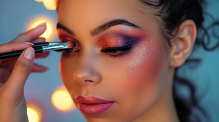 Obraz premium A makeup artist applying colorful and vibrant makeup to a woman's eyes. The close-up shot emphasizes the precision and artistry involved in enhancing her beauty.