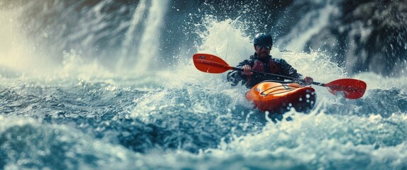 Fototapeta premium Thrilling kayaking adventure in turbulent river water with waterfalls in the background, showcasing extreme sports and outdoor excitement.