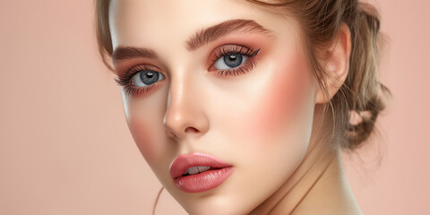 Fototapeta premium Close-up portrait of a woman with pink-toned makeup, featuring soft eyeshadow, blush, and lipstick. Her blue eyes and styled hair complement the peach-colored background