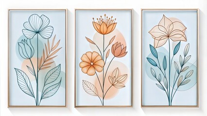 Set of three abstract floral art with Minimalist Line Art Florals