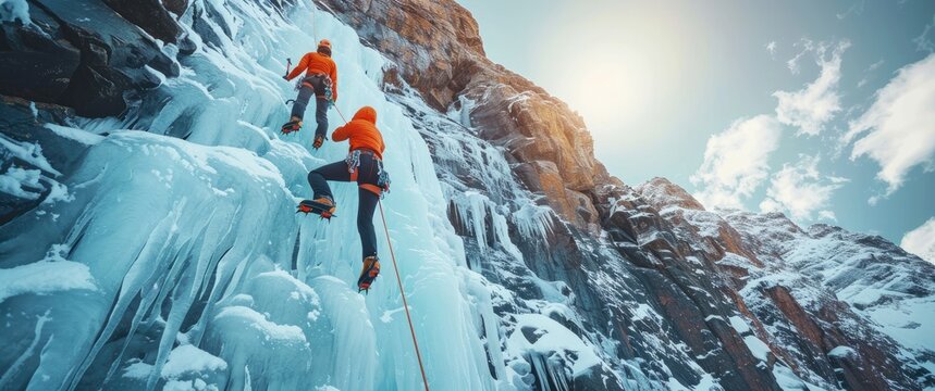 Two ice climbers scaling a frozen waterfall during a sunny day, showcasing their adventurous spirit and winter outdoor activity.