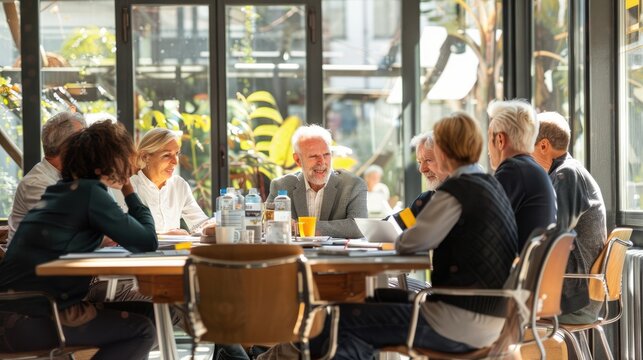 A group of elderly people are sitting around a table in a bright room. They are all smiling and talking to each other. AIG535