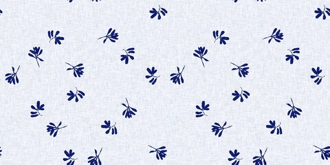Indigo denim blue leaf motif seamless border. Japanese dye batik fabric style effect print banner swatch.  © Limolida Studio