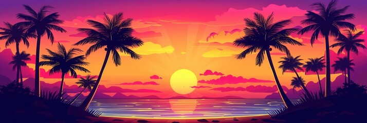 Obraz premium A vibrant sunset over a calm tropical beach with silhouetted palm trees. The sky is painted in shades of orange, pink, and purple, with the sun dipping below the horizon. Generative AI