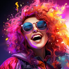 A joyful woman in a red jacket smiles brightly amidst a shower of colorful confetti on a vibrant multicolored background, creating a festive and celebratory atmosphere.