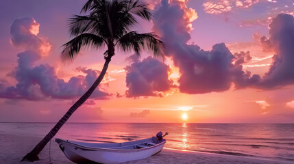 Sunset Beach Scene with Palm Tree and White Boat
