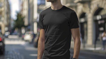 Fototapeta premium Man in Black T-Shirt Walking in Urban Setting