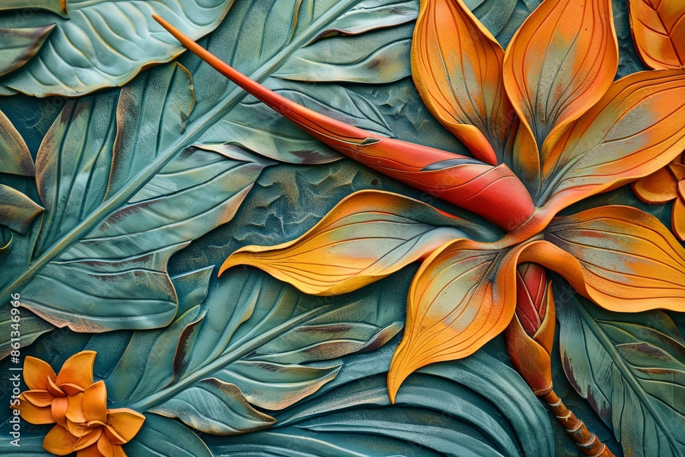 Canvas Prints Detailed Stucco Artwork of Exotic Bird of Paradise Flowers: Colorful Petals and Intricate Patterns of Bird of Paradise