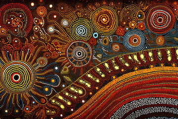 Australian Aboriginal dot painting art dreaming of a landscape.