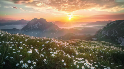 Obraz premium Stunning Mountain Sunrise with Blooming Meadow 